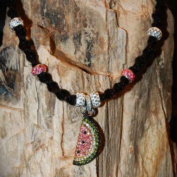 Adorable Rhinestone Watermelon Slice on a 21" Handmade Black Hemp Chain - Picture 2 of 6